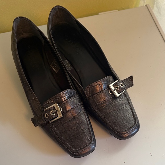 The Flexx Charcoal Gray Metallic Croc Print Heeled Leather loafer Flat Size 10 - Picture 1 of 10